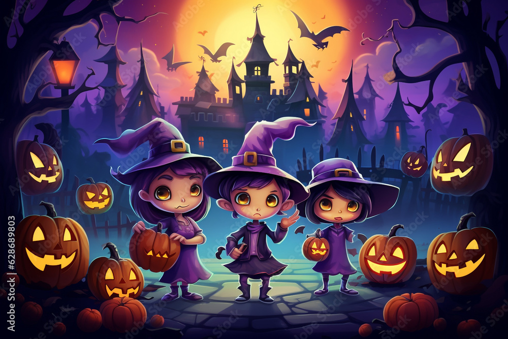 Cute colorful kids Halloween background with 3 witches girsl, carwed pumpkins and dark castle in the back. Illustration. High quality photo