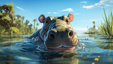 Cute cartoon of a baby hippo for illustrations for children. AI Generated