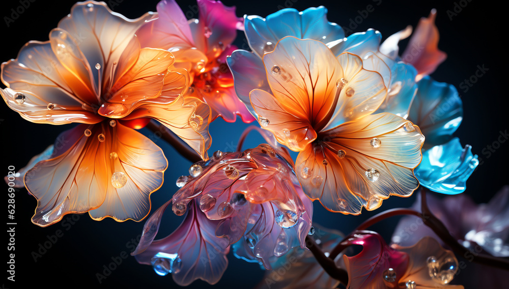 Illustration of glowing light orange and blue transparent flowers. AI Generated