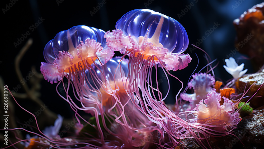 Fototapeta premium Illustration of glowing sea jellyfishes underwater. AI generated