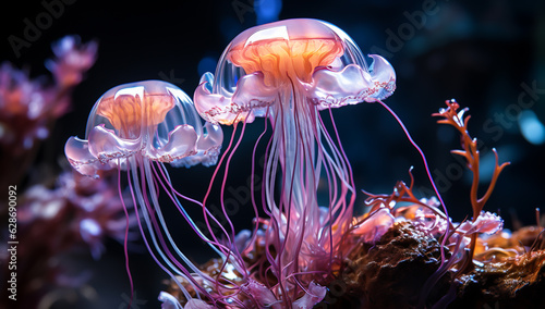 Illustration of glowing sea jellyfishes underwater. AI generated