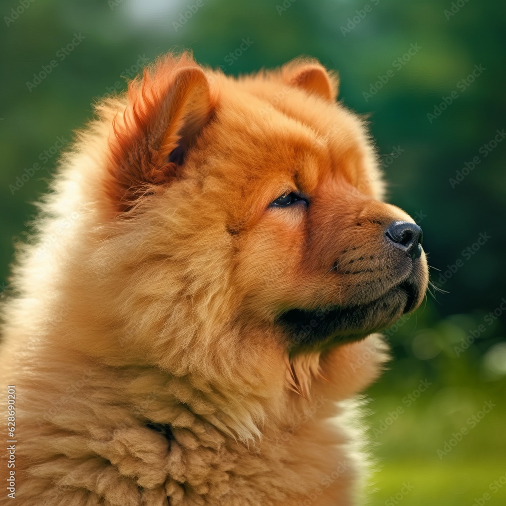 Chow Chow puppy portrait on a sunny summer day. Closeup portrait of a cute purebred Chow Chow pup in a field. Outdoor portrait of a beautiful puppy in summer field. AI generated dog illustration