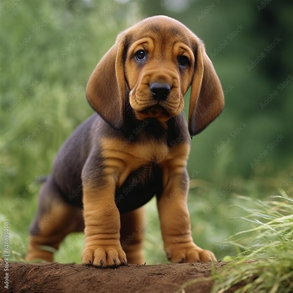 Bloodhound puppy standing on the green meadow in summer green field. Portrait of a cute Bloodhound pup standing on the grass with summer landscape in the background. AI generated dog illustration.