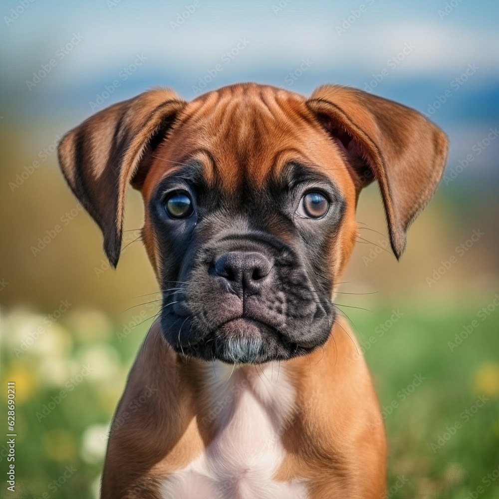 Boxer puppy portrait on a sunny summer day. Closeup portrait of a cute purebred Boxer pup in the field. Outdoor portrait of a beautiful puppy in summer field. AI generated dog.