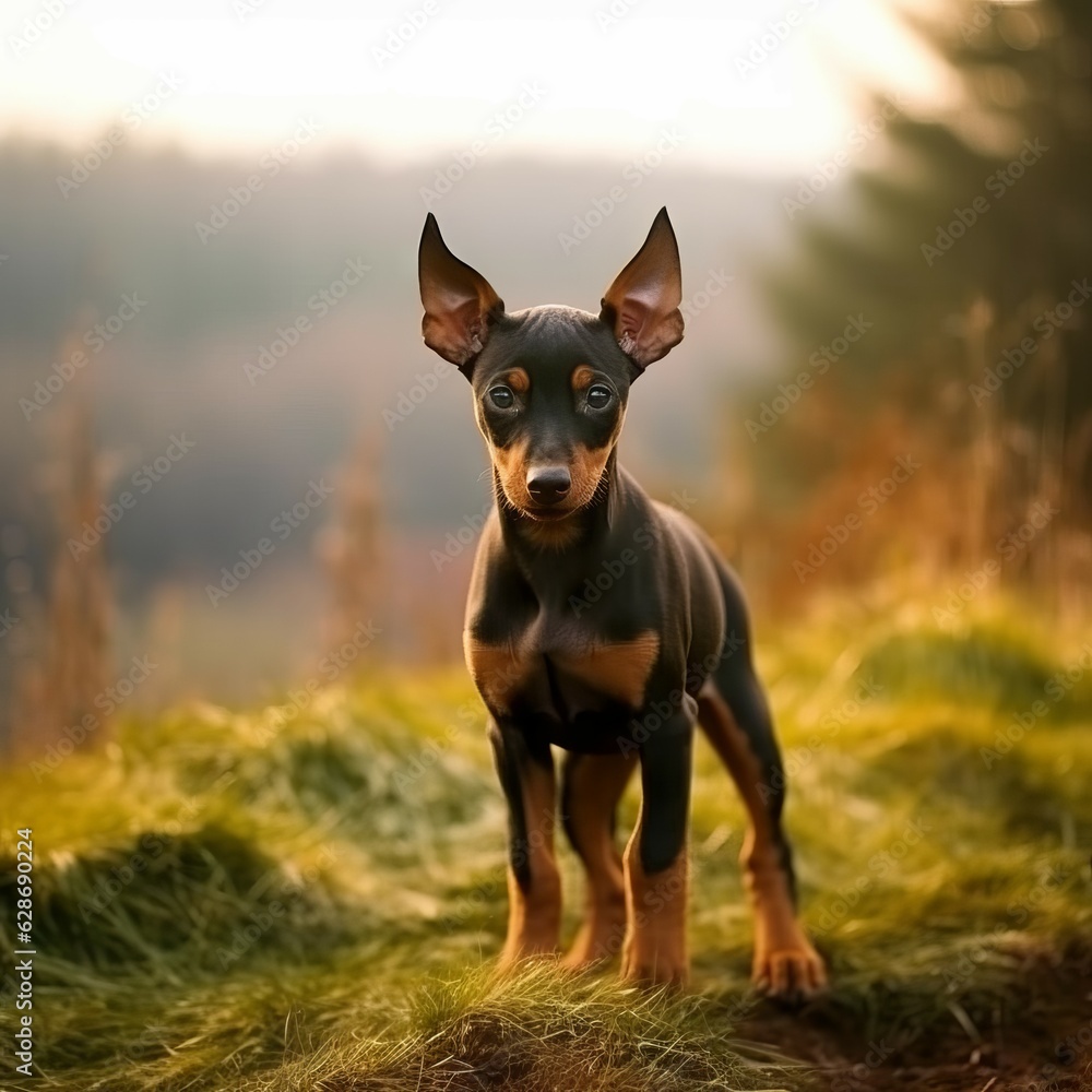 Doberman Pinscher puppy standing on the green meadow in summer green field. Portrait of a cute Doberman Pinscher pup standing on the grass with summer landscape in the background. AI generated dog.