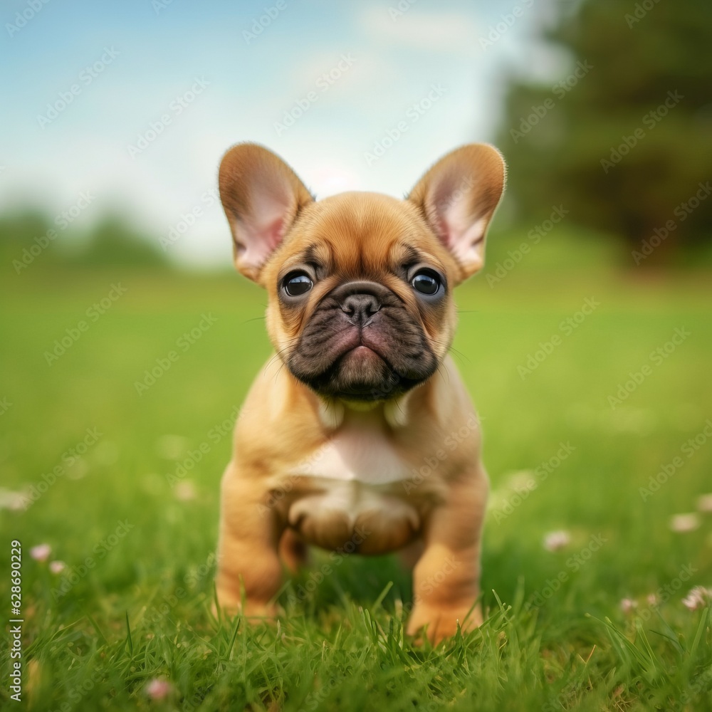 French Bulldog puppy sitting on the green meadow in a summer green field. Portrait of an French Bulldog pup sitting on the grass with a summer landscape in the background. AI generated dog.