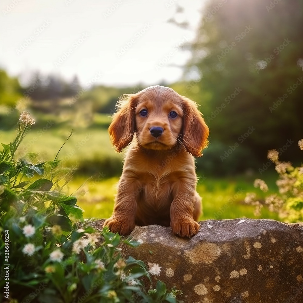 English Cocker Spaniel puppy standing on the green meadow in a summer green field. Portrait of a cute English Cocker Spaniel pup standing on the grass with a summer landscape in the background. English Cocker Spaniel puppy standing on the green meadow in a summer green field. Portrait of a cute English Cocker Spaniel pup standing on the grass with a summer landscape in the background.