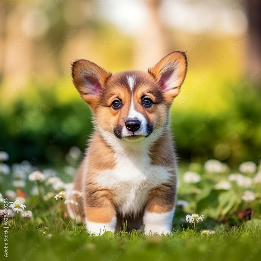 Pembroke Welsh Corgi puppy sitting on the green meadow in a summer green field. Portrait of a cute Pembroke Welsh Corgi pup sitting on the grass with summer landscape in the background. AI generated