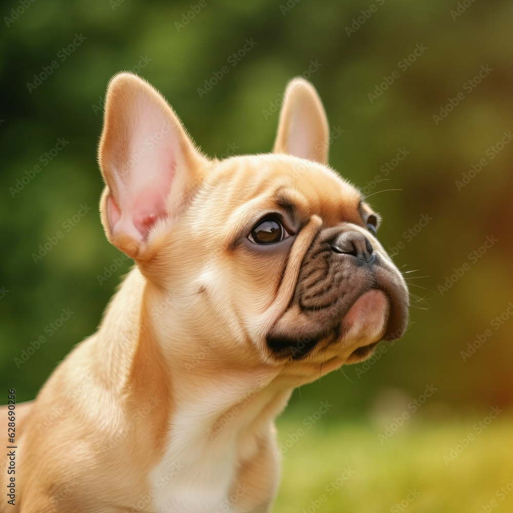 Profile portrait of a French Bulldog puppy in the nature. French Bulldog pup portrait on sunny summer day. Outdoor portrait of a beautiful young dog in summer field. AI generated.