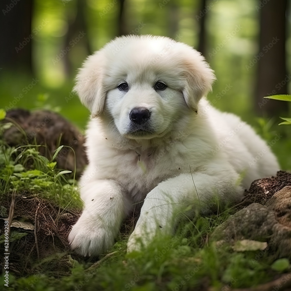 Great Pyrenees puppy lying on the green meadow in summer green field. Portrait of a cute Great Pyrenees pup lying on the grass with summer landscape in the background. AI generated dog Great Pyrenees puppy lying on the green meadow in summer green field. Portrait of a cute Great Pyrenees pup lying on the grass with summer landscape in the background. AI generated dog