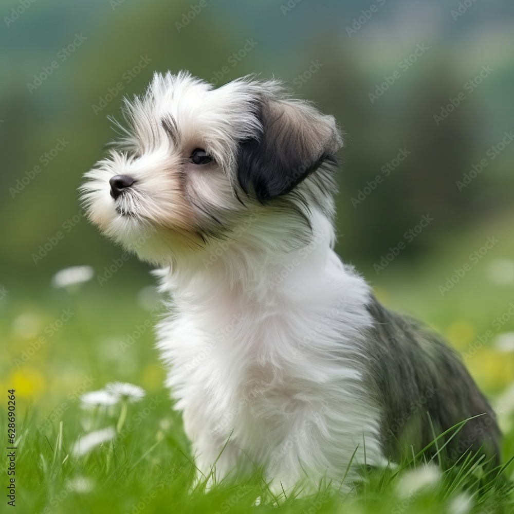 Havanese puppy sitting on the green meadow in summer green field. Portrait of a cute Havanese pup sitting on the grass with a summer landscape in the background. AI generated dog illustration.