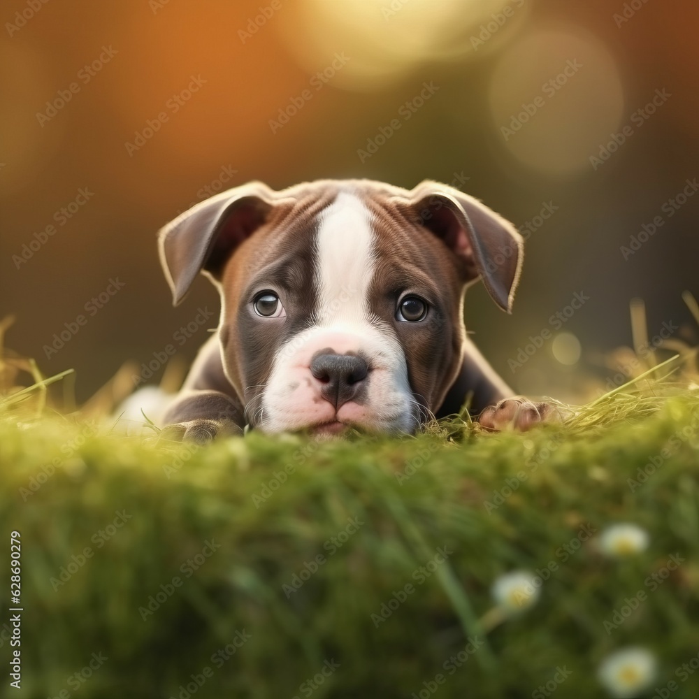 American Staffordshire Terrier puppy portrait on a sunny summer day. Closeup portrait of a cute purebred American Staffordshire Terrier pup in a green meadow. Outdoor portrait of puppy in summer field