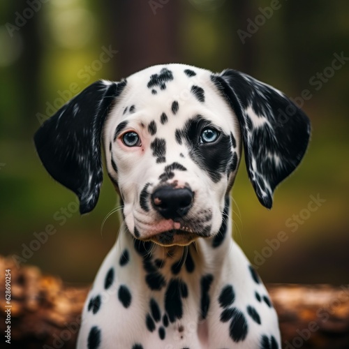 Dalmatian puppy portrait on a sunny summer day. Closeup portrait of a cute purebred Dalmatian pup in the field. Outdoor portrait of a beautiful puppy in summer field. AI generated dog illustration. © Valua Vitaly