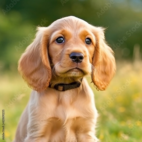 English Cocker Spaniel puppy portrait on a sunny summer day. Closeup portrait of a cute purebred English Cocker Spaniel pup in a green field. Outdoor portrait of a beautiful puppy in summer field.