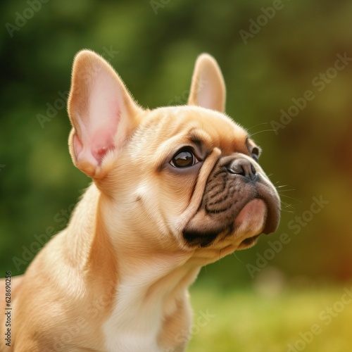 Profile portrait of a French Bulldog puppy in the nature. French Bulldog pup portrait on sunny summer day. Outdoor portrait of a beautiful young dog in summer field. AI generated. © Valua Vitaly