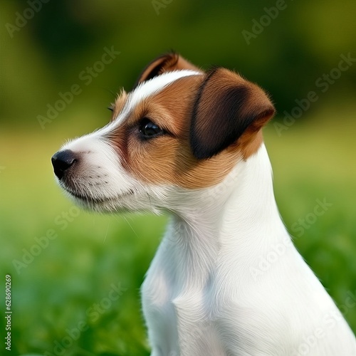 Jack Russell Terrier puppy portrait on a sunny summer day. Closeup portrait of a cute purebred Jack Russell Terrier pup in a field. Outdoor portrait of a beautiful puppy in summer field. AI generated.