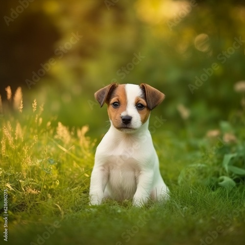 Jack Russell Terrier puppy sitting on the green meadow in summer green field. Portrait of a cute Jack Russell Terrier pup sitting on the grass with summer landscape in the background. AI generated