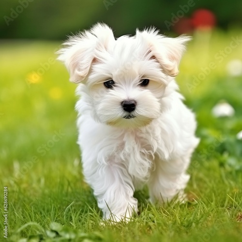 Maltese puppy standing on the green meadow in summer green field. Portrait of a cute Maltese pup standing on the grass with a summer landscape in the background. AI generated dog illustration.