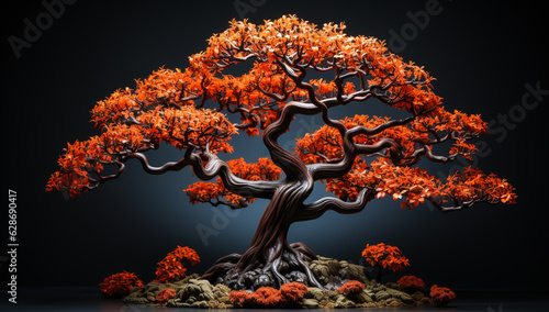 Tree with autumn colors isolated on dark background. AI generated