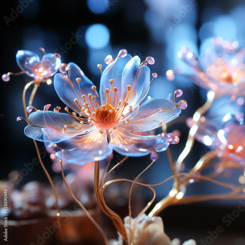 Illustration of glowing light orange transparent flowers. AI Generated