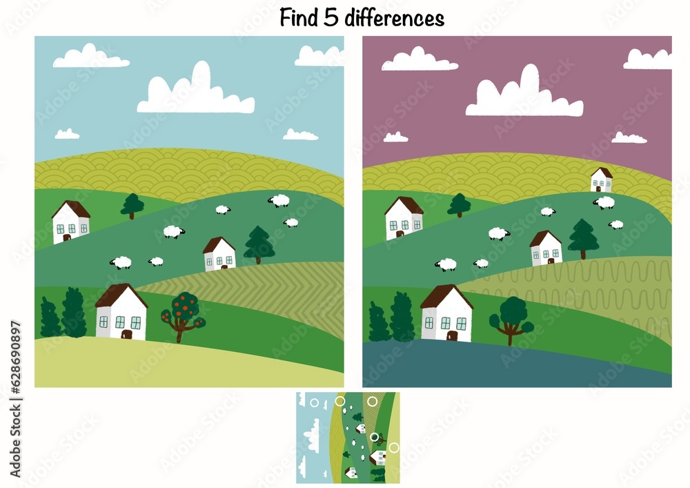 Find 5 differences. landscape with houses Find 5 differences. landscape with houses
