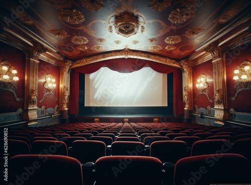 Big cinema with empty screen mockup.