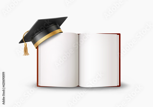 Graduate college, high school or university cap with blank open book isolated on white background. Vector 3d degree ceremony hat and diary. Black student symbol, blank notebook, album template