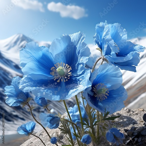 Beautiful illustration of blooming flowers of blue Himalayan poppy. Beautiful blooming spring blue flowers, closeup.   Himalayan poppies outdoors shot against mountains. Scenic nature with flowers photo