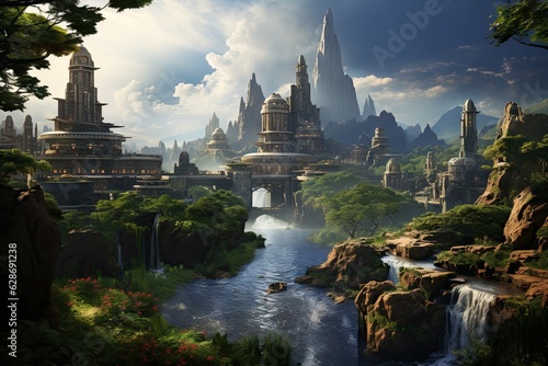 beautiful mystical ancient looking city backdrop - background with a lot of greenery and water - cascading buildings in a natural enchanted landscape