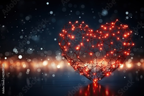 heart made of glowing network - romantic modern love design background - particles and sparkles with nice bokeh - copy space - reflective surface - valentine - generative ai 