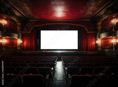 Big cinema with empty screen mockup.