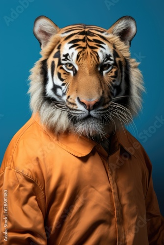 Portrait of tiger in orange prison jumpsuit. AI generative art