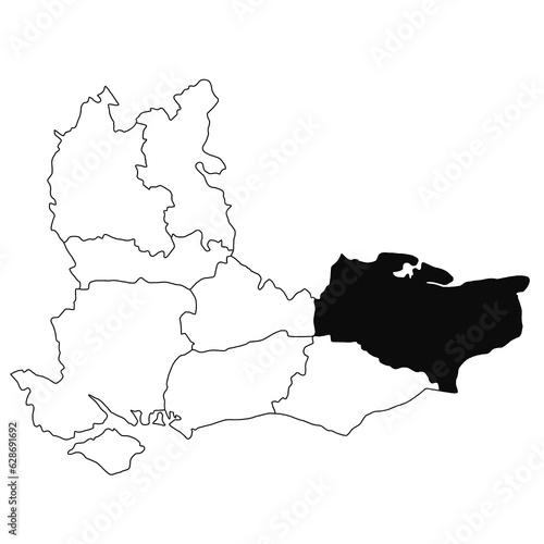 Map of Kent in South East England province on white background. single County map highlighted by black colour on South east England administrative map. photo