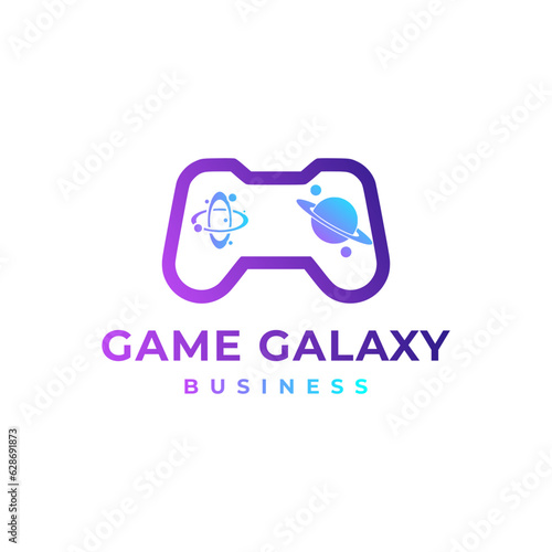 Game Galaxy logo design vector. Console Controller Joystick with Space Cosmic Saturn Planet and Star. For Gamer, Gamer Store, Streamer logo design concept.