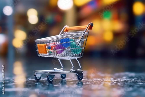 Shopping trolley in a supermarket with a shopping bag inside. Generative AI