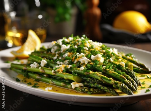Asparagus with feta cheese on a plate with lemon