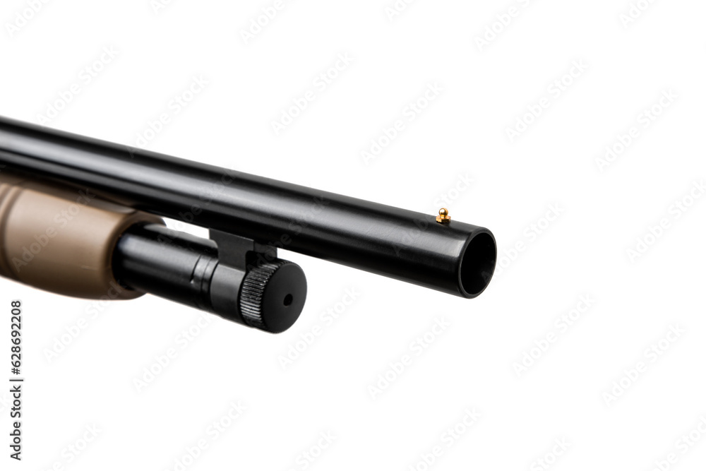 Pump-action 12 gauge shotgun isolated on a white background. Additional handle. A smooth-bore weapon with a plastc stock. Pump-action 12 gauge shotgun isolated on a white background. Additional handle. A smooth-bore weapon with a plastc stock.