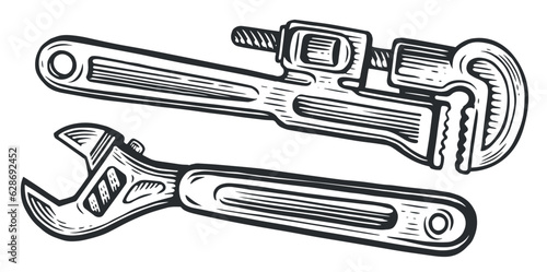 Adjustable wrench and plumbing tool. Construction work concept. Sketch vector illustration