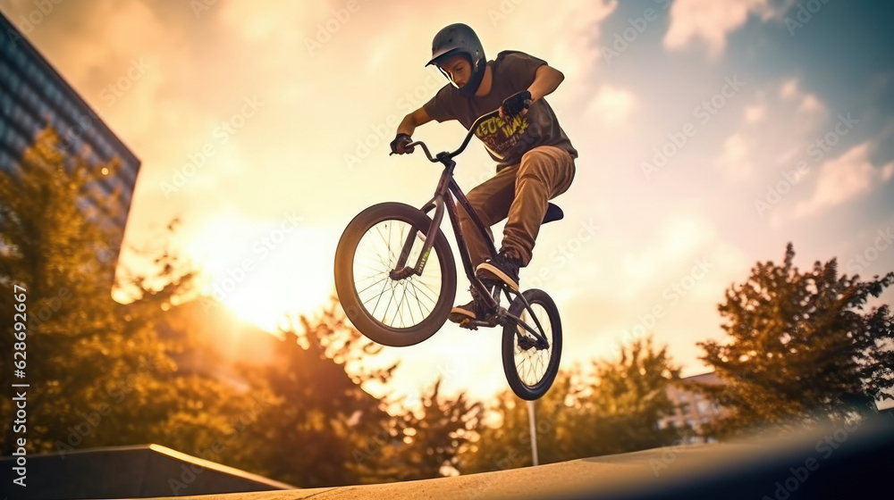 Naklejka premium Teenage bmx BMX rider in action at skatepark