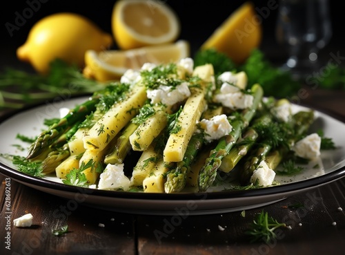 Asparagus with feta cheese on a plate with lemon
