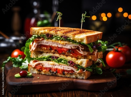 A tasty turkey and lettuce sandwich with a garnish of tomatoes and other vegetables