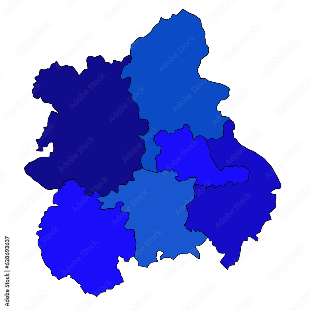 blue map of West Midlands England is a region of England, with borders of the ceremonial counties and different colour.