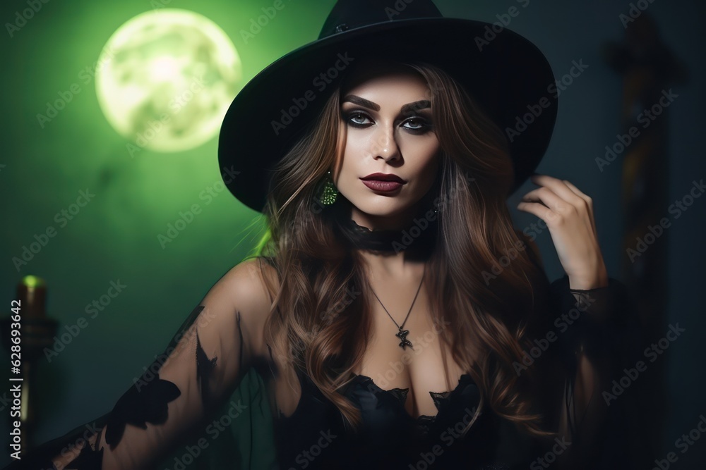 Beautiful fashionable witch with green skin in black hat and dress on background of full moon. Halloween theme Beautiful fashionable witch with green skin in black hat and dress on background of full moon. Halloween theme