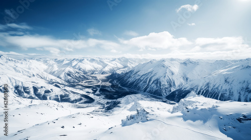 Drone view, mountain range in winter, snow-capped mountains, ridge. ai generation