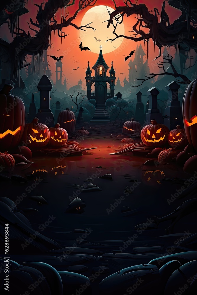 Halloween background with pumpkins and castle in the forest. Vector illustration