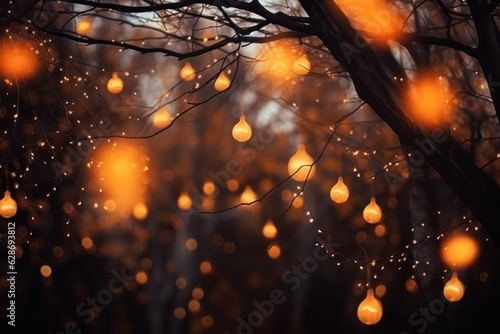 A magical background for Halloween with garlands with orange bokeh lights. Mystical night forest in all saints day. Copy space for text photo