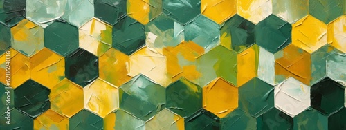 Closeup of abstract rough colorful green and yellow geometric hexagonal hexagons art painting texture 3d pattern wallpaper, with oil acrylic brushstroke, pallet knife paint on canvas (Generative Ai)