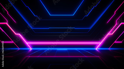 visualization illuminated by neon light. Glowing geometric shape, futuristic sci-fi shape of neon light on black background and reflective concrete with empty space for text. ai generation