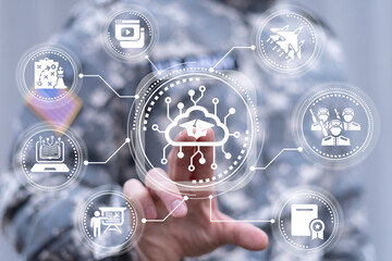 American soldier using virtual touch screen presses icon: cloud with circuit and graduation cap. LMS Learning Management System Army Concept. Online web education military educational technology.