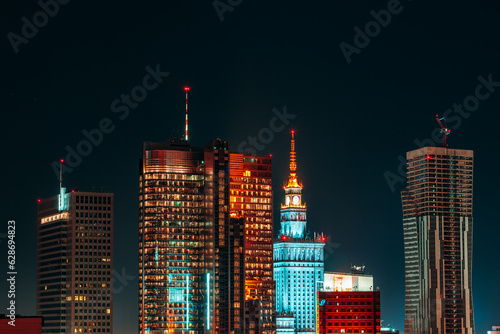 Modern city night view, Warsaw, Poland